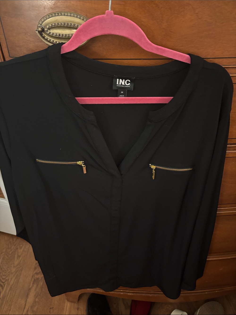 INC International Concepts Black Blouse with Gold Accents